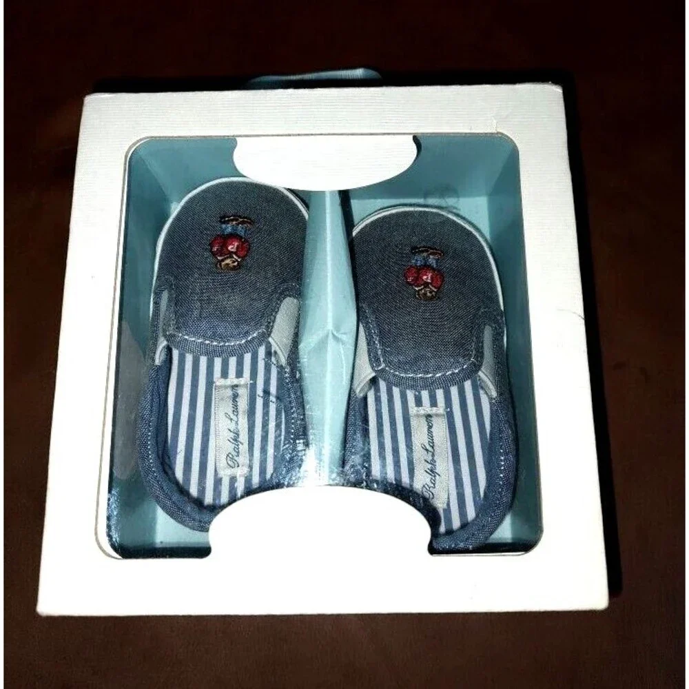 New in box Infant Baby Ralph Lauren Denim Carlee Bear Shoes US Sz 4 Length 13 cm